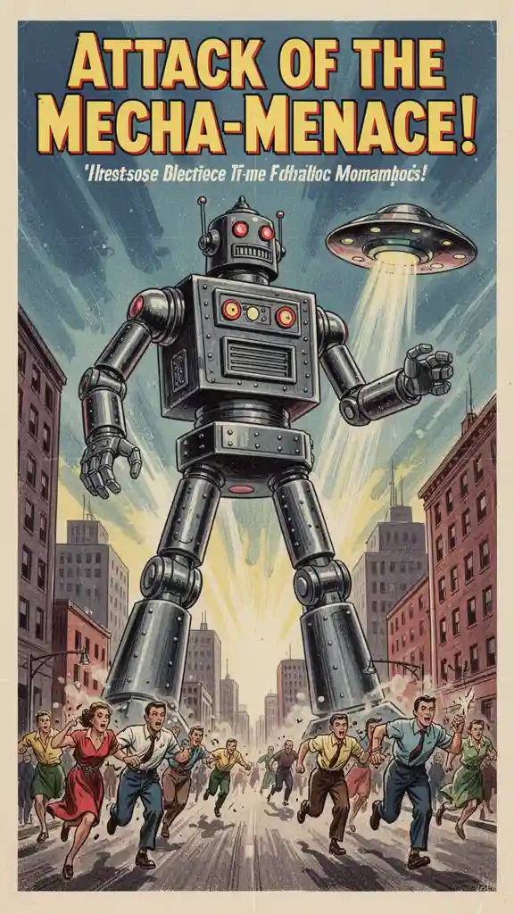 Retro Robot B-Movie Poster — Posters & Text FLUX.1 AI image prompt example